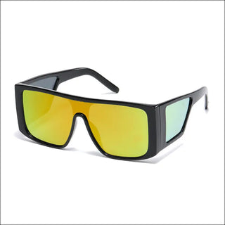 Retro black sunglasses with bold rectangular frames and mirrored multicolor lenses