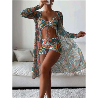 Trendy Tropical Floral Print Swimsuit with Chiffon Cover-Up