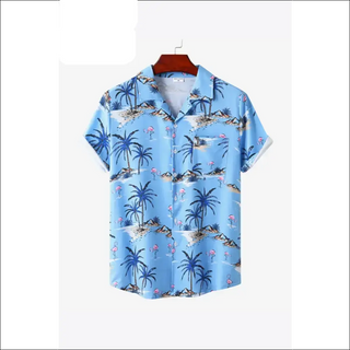 Tropical Print Collared Blue Blouse with Palm Tree Motif