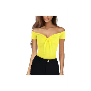 Beautiful yellow off-the-shoulder top with a trendy knot detail, showcasing the model's stylish and feminine aesthetic.