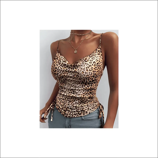 Leopard print sleeveless camisole with adjustable spaghetti straps, featuring a V-neck design and a textured, form-fitting silhouette that complements the wearer's figure.