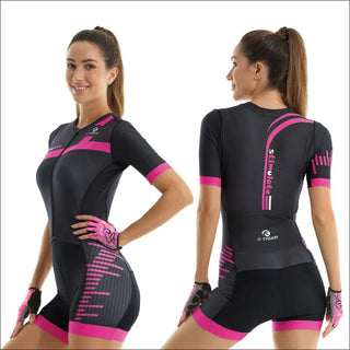 Stylish women's sportswear comprising a black and pink cycling jersey with vibrant design elements, featuring a fitted silhouette and sleek details for an active lifestyle.