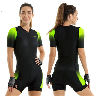 Sleek and sporty women's cycling outfit with neon green accents, showcasing a streamlined design perfect for active wear.