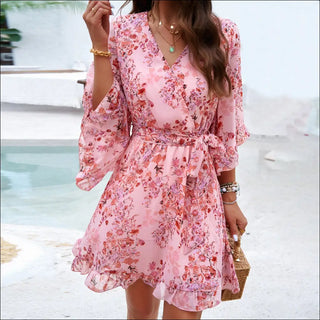 Vibrant Floral Ruffle Wrap Dress - Pink / L