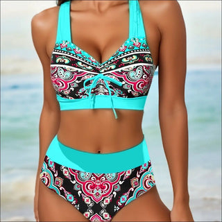 Stylish patterned bikini with contrasting colors and flattering fit showcased against a tranquil beach background.