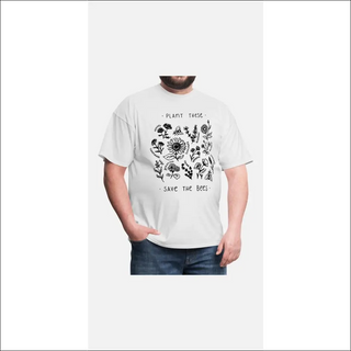 Casual white t-shirt with plant and bee graphic design, encouraging environmental conservation.