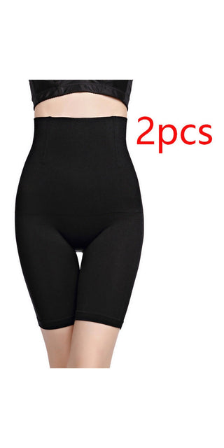 Pair of black high-waisted shaping shorts with tummy control and lift for a smooth, flattering silhouette.