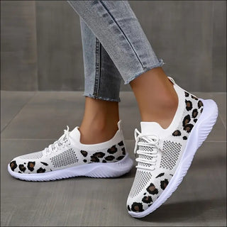 White Shoes Women Leopard Print Lace-up Sneakers Sports -