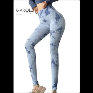 Stylish yoga pants in trendy tie-dye pattern with comfortable stretch for active lifestyle from K-AROLE sportswear.