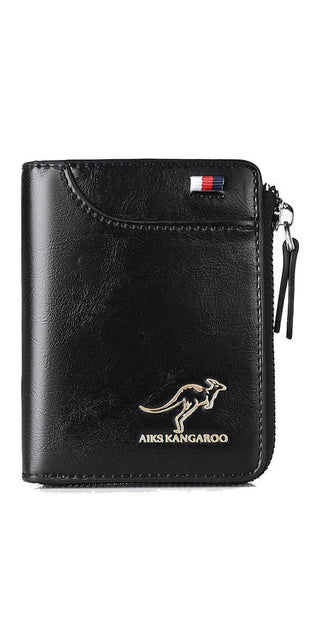 Black leather men's wallet with zipper feature, a Kangaroo logo, and RFID protection technology. This compact and stylish wallet from the K-AROLE brand can securely hold credit cards, cash, and other everyday essentials.