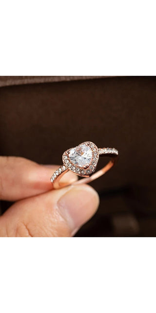 Heart-Shaped Crystal Engagement Ring on Delicate Rose Gold Band
