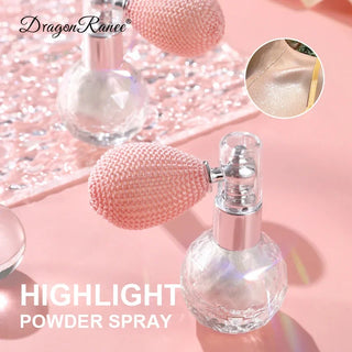 Glamorous highlighter powder spray on shimmering pink background
