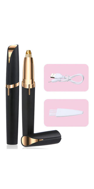 Portable electric eyebrow trimmer with shaping pencil, discreet black design, and gold accents for precise hair removal.