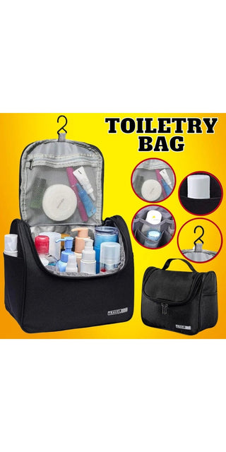 Portable Makeup Travel Organizer Bag with hanger, toiletry essentials, and multiple compartments for organized storage.