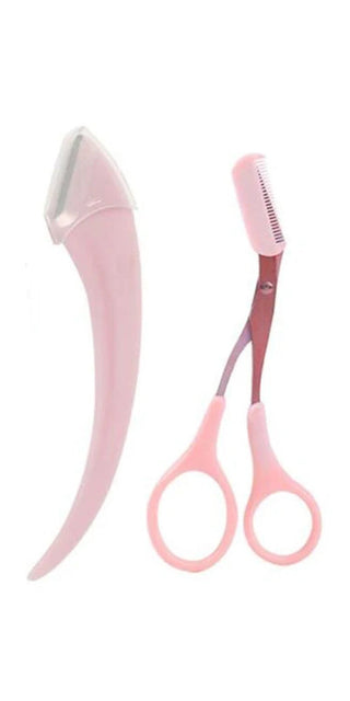 Elegant eyebrow trimming knife set in pastel pink tones, featuring a sleek trimmer and precise scissors for grooming and shaping eyebrows.