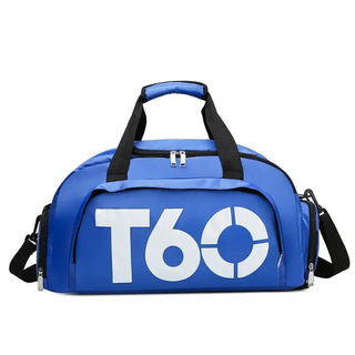 Large blue sports bag with "T60" printed in white lettering on the front. The bag has multiple compartments and a sturdy handle for carrying. It appears to be a durable, water-resistant gym or fitness bag suitable for various activities and workouts.