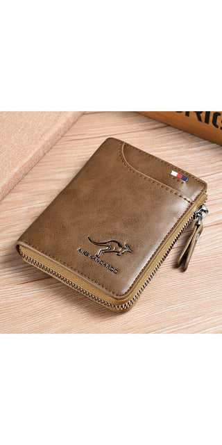 Stylish men's leather wallet with RFID protection and zipper compartment. Compact and durable design for secure storage of cards, cash and personal items.