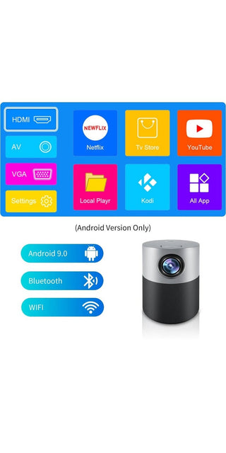 Compact, high-definition projector with Android operating system, Bluetooth, Wi-Fi, and various media playback options displayed on a colorful interface.