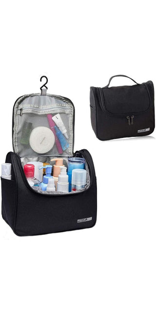Portable Makeup Travel Organizer Bag - Black and gray fabric hanging toiletry bag with compartments and hooks for organizing and carrying personal care items on the go.