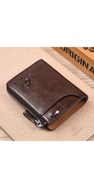 Stylish leather wallet with RFID protection, zipper closure and business card holder for the modern professional man from K-AROLE.