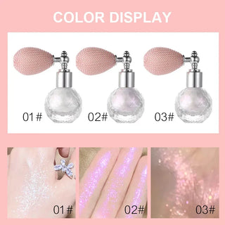 Shimmering highlighter powder sprays in glass bottles with silver caps, showcasing three different color options - pink, iridescent, and holographic sparkle - for festive, glowy makeup looks.