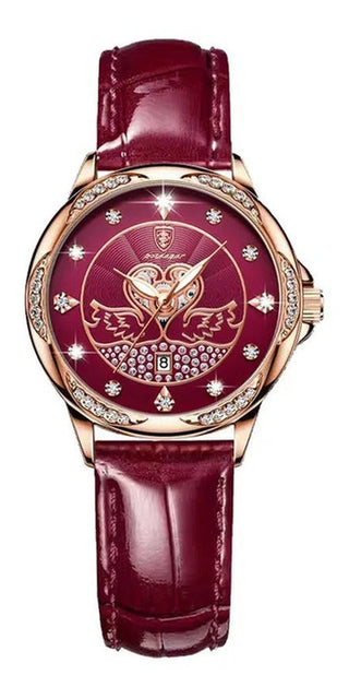 Women's rose gold and wine-red luxury quartz watch with diamond-studded bezel and leather strap from the K-AROLE fashion brand.