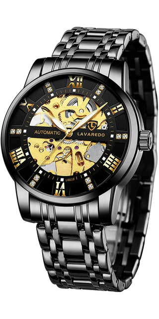 Sleek stainless steel men's automatic watch with exposed mechanical movement, black and gold-tone dial, and Roman numeral markers.