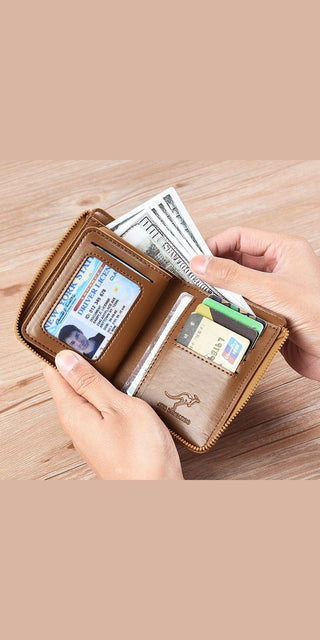 Leather business card holder wallet with RFID protection and zipper compartment for cash and cards