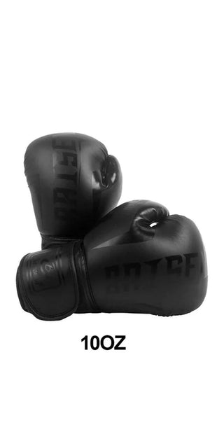 Pair of black boxing gloves with "10oz" printed on them, showcased against a plain white background.
