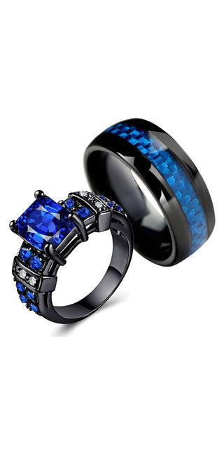 Striking rings with blue cubic zirconia and black metal setting, showcasing modern, fashionable design for a bold statement.