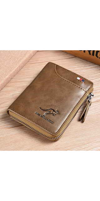 Stylish leather wallet with zipper closure and RFID protection for modern men's fashion. Showcasing a sophisticated design by K-AROLE, this versatile accessory offers a convenient and secure storage solution.