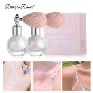 Shimmering highlighter powder spray in a glass bottle with makeup sponges, showcasing a glittery, radiant effect on skin for a glamorous, luminous look.