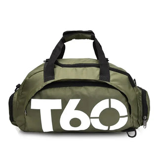 Stylish gym bag with large white "T60" logo on olive green background. The bag features multiple compartments and is designed for fitness enthusiasts and active individuals. It appears to be a durable, versatile, and high-quality sports accessory.