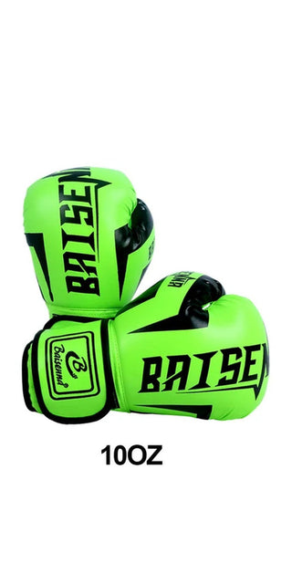 Bright green boxing gloves with 'BAISE' printed in black text, suitable for boxing sports and agility reaction training.