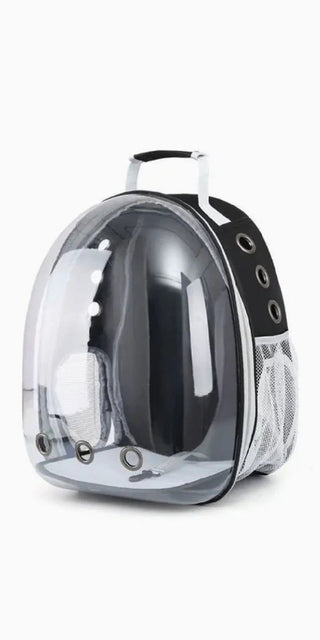 Transparent astronaut-inspired pet carrier backpack with breathable mesh design for comfortable travel with your dog or cat.