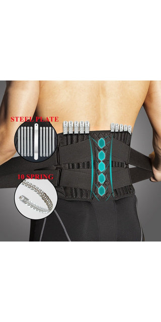 Black breathable lumbar back brace with adjustable straps and support panels for medical spine and posture correction.