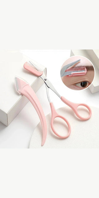 Eyebrow Trimming Knife Set for Women, featuring pink scissors and grooming tools displayed on a white background.