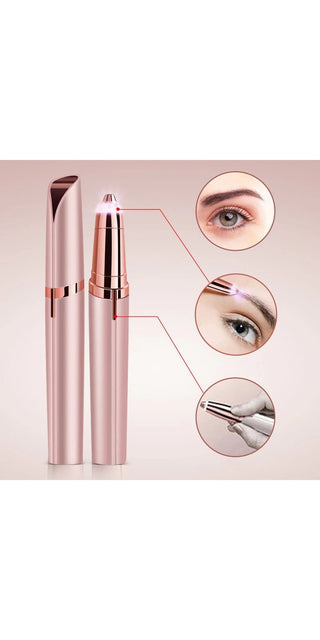 Automatic electric eyebrow trimmer with precision brow shaping and hair removal function, portable eyebrow shaver in sleek, rose gold design.