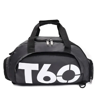 Sleek and stylish gym bag with bold T60 logo, perfect for fitness enthusiasts. Durable, waterproof material in a versatile grey and black color scheme. Multiple zippered compartments provide ample storage space for workout essentials. Ergonomic design with adjustable shoulder strap for comfortable carrying.