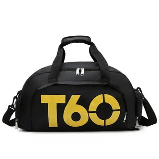 Sleek and stylish black gym bag with bold yellow "T60" branding, featuring multiple compartments and adjustable strap for convenient fitness and sports activities.