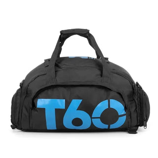 Versatile black gym bag with large blue "T60" logo, featuring multiple pockets and compartments for easy organization of fitness gear. Suitable for a variety of sports and activities, the durable and lightweight design makes this an ideal choice for active lifestyles.