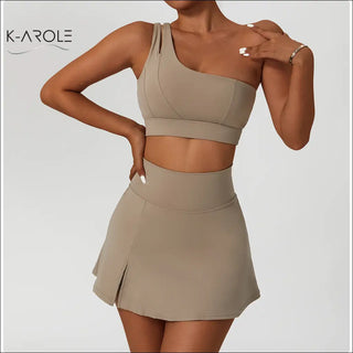 Stylish one-shoulder yoga bra set with stretch, shockproof support for active wear from K-AROLE.